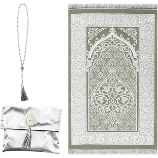 PHMING Gebetsteppich to Go, Tragbares Muslimischer Gebetsteppich, Faltbares Gebet Teppich Matte in Grau, mit Aufbewahrungstasche und Gebetskette, für Ramadan-Gedenken, Hochzeiten und Reisen