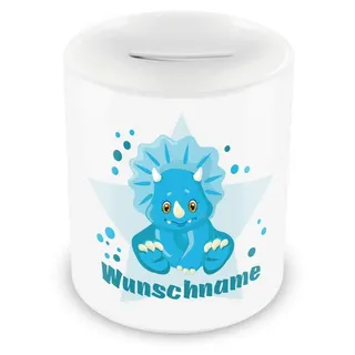 Samunshi® Kinder Spardose mit Namen und Blauer Dino als Motiv für Kinder - Jungen und Mädchen Sparschwein 330ml weiß
