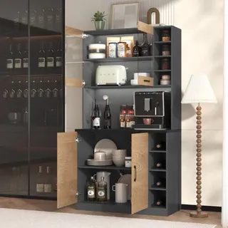 Küchenbuffet Hoch Mit 4 Verstellbaren Fächern, 2 Türen, Led Und Kabeldurchlässen, Mdf, Grau Natur, 100 X 47 X 187 Cm