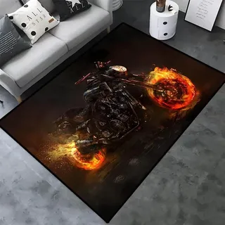 Schwarz Teppich Home Teppiche für Kinderzimmer Flammendes Skelett Motorrad Schädel Racing Auto Teppich für Schlafzimmer Bodenmatte Wohnzimmer Teppich Spiel Matten Fußmatte (Schwarz2,100x150 cm)