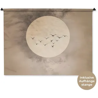 MuchoWow Wandteppich Vogel - Beige - Japanisch, Rechteckig, Höhe: 3 mm, Wanddeko Teppich Wohnzimmer, Schlafzimmer, 120x90 cm beige Rechteckig | 120 cm x 90 cm x 3 mm