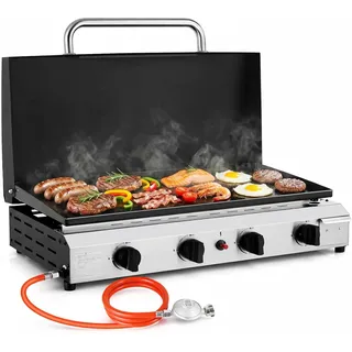 Tischgasgrill Mit 4 Edelstahl-brenner 9.6kw,tischgrill Mit Deckel,campinggrill Keramische Lackbeschichtung Grillplatte,balkongrill Für Familien,gartenpartys,feiern