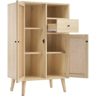 Sideboard 60x40x100 cm mit 2 Türen, 1 Schublade und offenem Fach, TV-Schrank, Aufbewahrungskommode, Rattan-Holz-Design, Eiche für Wohnzimmer und Flur