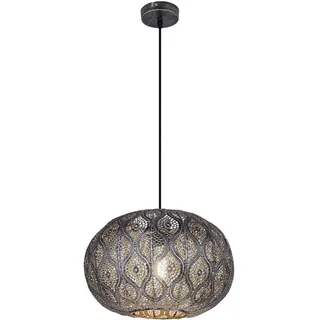 Decken Pendelleuchte im orientalischen Design Hängelampe mit rundem Lampenschirm, schwarz silber-metallic, 1x E27, DMxH 30x120cm, Wohnzimmer Esszimmer