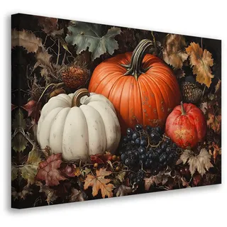 LZIMU Herbst Küche Leinwand Bilder Herbst Kürbis Bild Vintage Bauernhof Poster Erntedank Gemälde Rustikale Ernte Drucke für Esszimmer Wohnung Dekor (Orange, 60L x 90B cm)