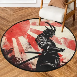 SEEKJOYS Japanisches Samurai-Muster, 91,4 cm, runder Teppich, maschinenwaschbar, rote Sonne, rutschfest, weiche Bodenmatte für Wohnzimmer, Sofa, Kinderzimmer, Dekoration