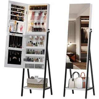 LVSOMT Schmuckschrank Stehend mit Beleuchtung, LED Schmuckschrank mit Spiegel, Schmuck Spiegelschrank Abschließbarer, 3 Farben Licht und Schmuckaufbewahrung, Unteres Regal, Geschenke für Damen, Weiß