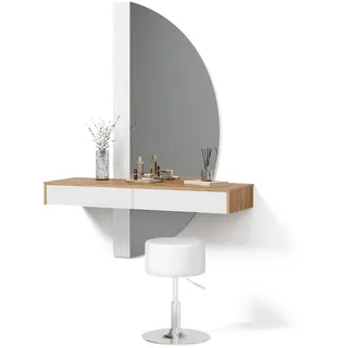 Livinity Schminktisch Ascona, Weiß | ✓ Schminkkonsole · ✓ LED-Spiegel · ✓ Hocker · Wandhängend · Halbmondspiegel
