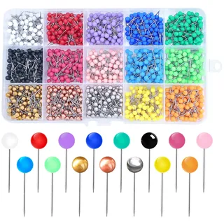 1500 STK Stecknadeln mit Kopf, Bunte Rundkopf Map Pins für Pinnwands, Pinnadeln Bunte Reißzwecken zum Pinnen, Reißnägel, Pinnnadeln für Weltkarte zum Pinnen, Bulletin Board, Kork Boards(15 Farben)