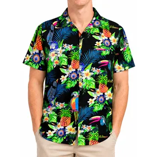 King Kameha Funky Hawaii Hemd Männer - Tropisches Hawaiihemd Herren Kurzarm mit Papageien & Blumen Motiv - XL
