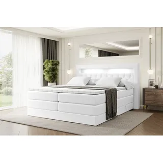 ALTDECOR Boxspringbett mit H3 Matratze-Bonellfederung, H4 Multipocket-Matratze (18 cm hoch) PUR, Topper (4 cm hoch), Polsterbett mit Kopfteil, Bett... - Weiß