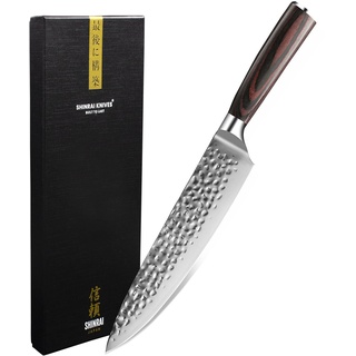 Shinrai Japan Japanisches Kochmesser 20 cm - Küchenmesser aus Gehämmertes Edelstahl - Messer Mit Luxus-Geschenkbox