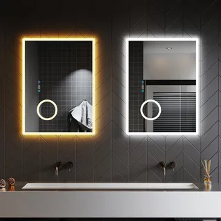 SONNI 80x60 cm Badspiegel mit Beleuchtung Kaltweiß/Neutralweiß/Warmweiß Light LED Badspiegel mit Touch-Schalter, 3-fache Vergrößerung, Uhr, Temperatur multifunktionell Wandspiegel