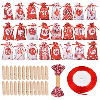 Volumoon 24 Stück Adventskalender Zum Befüllen, Geschenktüten Weihnachten, Aufhängen Geschenktüten, mit Mini-Holzklammern und Kordel, Weihnachtskalender Tüten, Adventstüten Für Männer Frauen (A)