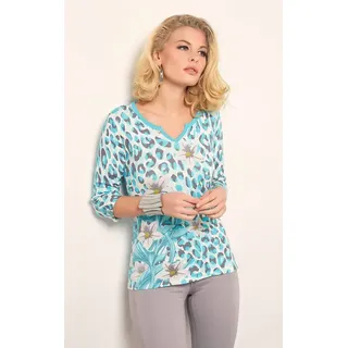 Passioni 3/4 Arm-Pullover Sommerpullover mit Leoprint und Blumen mit Glitzersteinen blau L