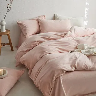 Lanqinglv Rosa Bettwäsche 220x240cm Biber Warme Winter Plüsch Deckenbezug Doppelbett Uni Bettbezug mit Reißverschluss und 2 Kissenbezug 80x80cm