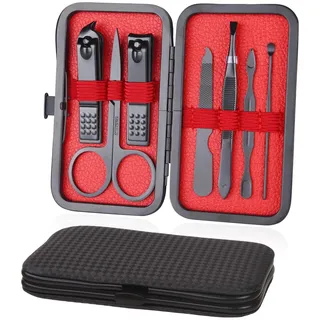 URAQT Maniküre Set, 7 Stücke Pediküre Nagelset Nageletui Nagel Schere Set, Nagelknipser Etui aus Edelstahl mit Ledertasche, Nagelpflege Pflege Werkzeuge für Damen & Herren (Schwarz - innen rot)