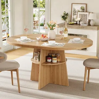Merax Ausziehbarer Esstisch rund, 110-150 × 110 × 77,5 cm, für 2-8 Personen, mit Ablagefläche, Küchentisch, Esszimmertisch, Holzoptik, Natur - Braun