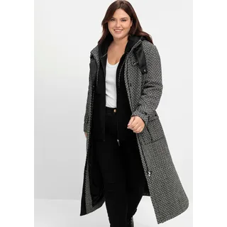 Trenchcoat SHEEGO, Damen, Gr. 50, schwarz-weiß (schwarz, weiß), 70% Polyester, 30% Wolle, gemustert, Mäntel