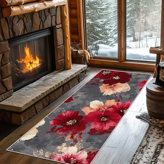 Generisch Läufer Flur Blumenmuster 80x200 Mit Vintage Rot Kirschblüten Muster Extra Dünn Waschbar rutschfest, Blumenmuster Teppich Flurläufer Lang Für Eingangsbereich Schlafzimmer