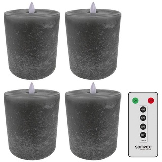 SOMPEX LED-Kerze 4er Set Flame LED Kerzen grau, Echtwachskerzen mit Fernbedienung (Set, 5-tlg., 4 Kerzen, Höhe 11cm, Durchmesser 10cm, 1 Fernbedienung), fernbedienbar, integrierter Timer, Echtwachs grau