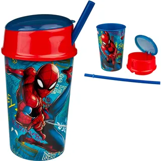 alles-meine.de GmbH 2in1: Trinkbecher mit Strohhalm + Deckel & Obstfach Spyderman 2 Fach - 400 ml - BPA frei - Kinder - Kunststoff Plastik - Joghurtbecher/Müslibecher - to ..