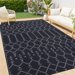 Homaxy Outdoor Teppich Wetterfest 120x180cm, Beidseitig Nutzbar, Wasserdicht Boho Teppiche für Terrasse, Garten, Balkon, Camping, Picknick, Schwarz & Grau