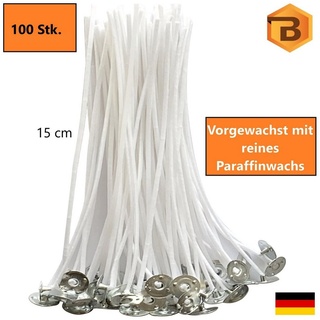 Bienenbiya Kerzenhalter Kerzendochte 100 Stk. 15 cm lang mit Metallfuß (100% natürlich aus Baumwolle, 100 St., Candle Wick, Runddocht, Teelichtdochte für DIY Kerzenherstellung), Rauchfrei, ohne gefährliche Stoffe