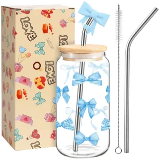 Rosa Schleife Glas mit Deckel Strohhalm Matcha Trinkbecher für Bubble Tea | Rosa Schleife Glas Set mit Bambusdeckel,Stahlstrohhalm Für Kaffee Cocktails,ästhetisches Geschenk für Frauen Enkelin