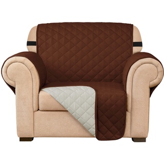 subrtex Gesteppt Sofabezug Reversibel Sofaüberwürfe mit Gummiband schonbezug Sesselschoner Sesselhusse mit Armlehnen für Wohnzimmer Sofas(1 Sitzer,Braun)