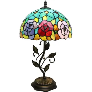 Tokira Tiffany-Stil Tischlampe für Schlafzimmer, 12 Zoll Rose Buntglas Vintage Nachtleuchte, E27 Handgefertigte Farbige Glasleuchte, Metallbasis, [Keine LED-Glühbirne]