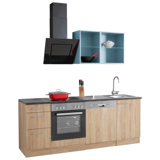 Küchenzeile OPTIFIT "Mini" Komplettküchen-Sets Gr. B/T: 210 cm x 60 cm, blau (küche: eichefarben, blau, anthrazit, korpus: arbeitsplatte: anthrazit) Küchenzeilen mit Elektrogeräte