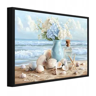 Leinwandbild Wandbild Mit Schwarzem Rahmen, Meer Vase Und Blumen, Elegante Wanddekoration Für Wohnzimmer Und Schlafzimmer, Kunstdruck Hd, 60 X 40 Cm