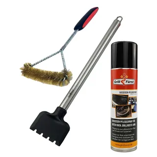 Grillfürst Premium Grillbürste für Gusseisenroste mit Messingborsten, Gusseisen Pflegespray Spezialschaber