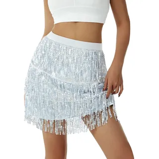 Glitzer Rock Damen Pailletten Fransenrock | Glitzernd Elastische Taille Minirock Minirock for Tanz Rave Party - M