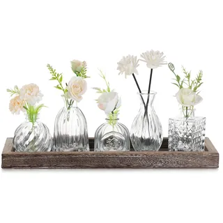Glasseam Vasen Klein Glasvase für Tischdeko, 5er Vase Glas mit Holztablett