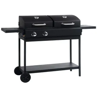 Gecheer Kombigrill Grill Barbecue 148,5 x 53 x 101,5 cm (B x T x H) mit 2 Brennern klappbaren Beistelltischen Gasgrill Holzkohlegrill Grill Smoker BBQ Grillwagen Standgrill Kohlegrill