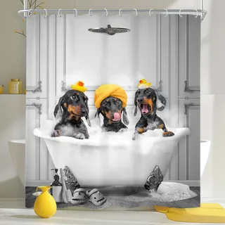 Newsely Lustiger Hunde-Duschvorhang, 152,4 x 183,9 cm (B x H), Dackel zum Baden in der Badewanne, niedliches Tierwelpe, Haustier, lustiger Duschvorhang, Badezimmer-Set für Kinder, Jungen, wasserdicht,