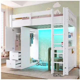 REDOM Hochbett Kinderbett Funktionsbett (mit Integriertem Schreibtisch & Stauraum, 4 Schubladen, offener Kleiderschrank, 1-St., 90x200) LED-Licht und USB 106 cm x 204 cm x 172 cm