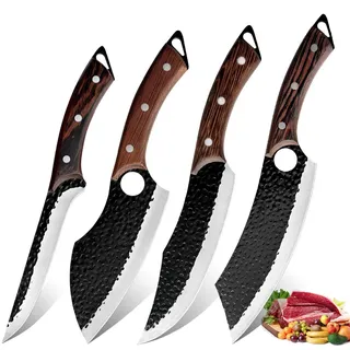 BFYLIN Messer set, 4 Teiliges Küchenmesser set, Handgeschmiedetes Messerset, Serbisches Kochmesser, Wikinger-Ausbeinmesser, Hackmesser - Profi Küchenmesser-Set für Fleisch, BBQ