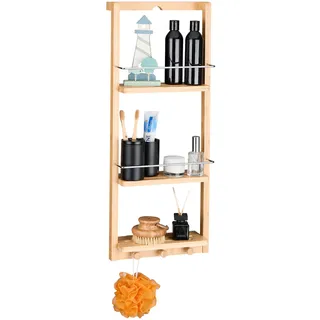 Relaxdays Hängeregal Bad, 3 Ablagen, 3 Haken, Bambus, H x B x T: ca. 70 x 28,5 x 10 cm, zum Einhängen, Badregal, natur