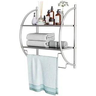 LIFEZEAL Badezimmerregal Hängend, Wandregal Badezimmer mit 2 Ablagen & Handtuchhalter, Hängeregal Wand, Handtuchablage Badetuchhalter Bad 45 x 25,5 x 55 cm (Silber)