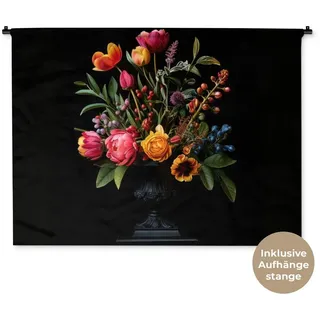 MuchoWow Wandteppich Tulpen - Beeren - Blumenstrauß - Vase, Rechteckig, Höhe: 3 mm, Wanddeko Teppich Wohnzimmer, Schlafzimmer, 120x90 cm Rechteckig | 120 cm x 90 cm x 3 mm