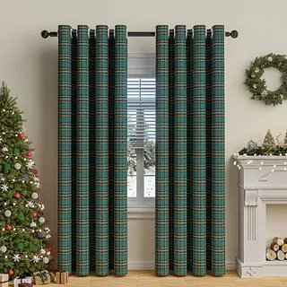 Tokusyou Kariert Vorhang Blickdicht Gardinen Karo Muster Landhausstil Vintage Grün Gelb Verdunklungsvorhänge mit Ösen Weihnachten Dekoschal für Schlafzimmer Wohnzimmer, 1 Stück H213 X B132cm