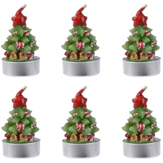 Decoris season decorations Teelicht, Teelichter geschmückte Tannen Weihnachtskerzen Wachs 6cm grün 6er Set grün
