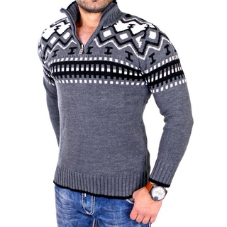Reslad Strickpullover Reslad Herren Strickpullover Crewneck Zipper Norweger Pullover RS-3110 (1-tlg) Strickpullover Männer Norwegermuster Troyer grau S
