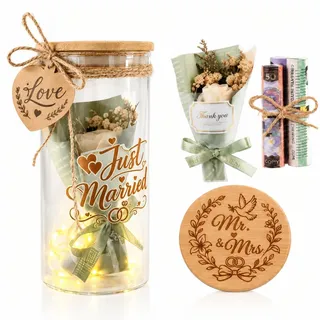 Frogetu Hochzeitsgeschenke für Brautpaar, Geldgeschenk Hochzeit mit LED Flaschenlicht, Spardose mit Trockenblumen & Anhänger, Hochzeitsgeschenk Geld Verpackung Just Married