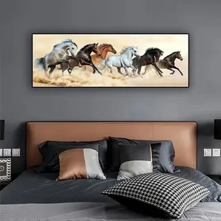 Leinwandbild Sechs laufende Pferde, 40 x 120 cm, Posterdrucke auf Leinwand, ungerahmt, Wandkunst, Dekoration für Wohnzimmer, Schlafzimmer, Zuhause