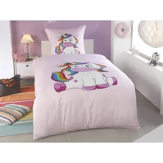 BaSaTex Microfaser Bettwäsche Set, 2-TLG., 1x 135x200 cm 1x 80x80 cm | Kinderbettwäsche Einhorn Unicorn Pink . Set, Atmungsaktivität, feuchtigkeitsregulierend und saugfähig