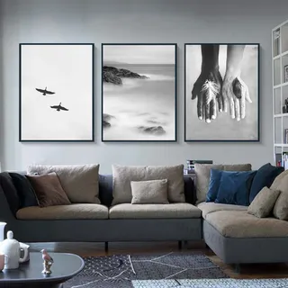 HMXQLW Schwarz Weiß Bilder 3er Set Leinwandbilder Modern Poster für Wohnzimmer Schlafzimmer Deko Kunst Malerei Kein Rahmen (Hand Möwen,40X60CM)